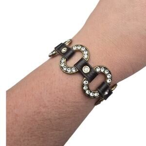 Brown Leather Rhinestone Link Bracelet Modern Western Glam